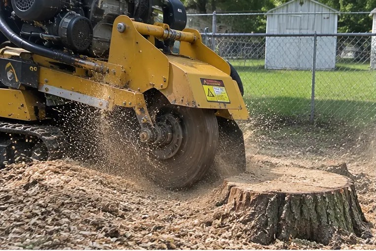 Yellow stump grinder cutting a tree stump and spraying wood chips in a residential yard